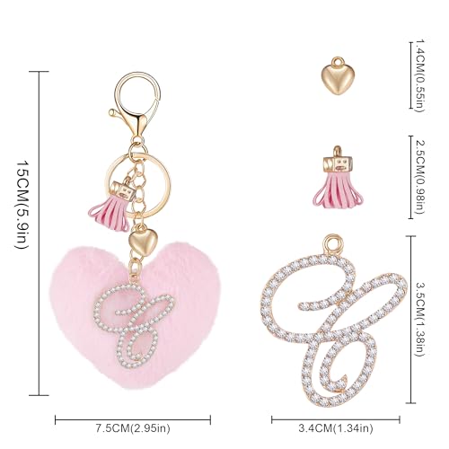 Initial Letter Heart Pom Pom Keychain for Women Pink Soft Fluffy Ball Key Ring for Purse Backpack Handbag - color: C
