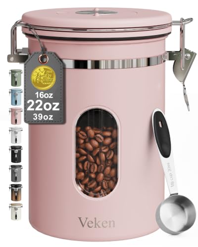 Veken Coffee Canister with Window, Airtight Stainless Steel Container, 22OZ - color: Pink, size: 22 oz