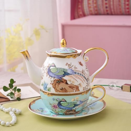 ACMLIFE Tea Set For One - Vintage Floral Bone China Tea Set for One Teapot fnd Cup Set, Bone China Teapot & Cup, 12 Oz, Blue and WhiteTea Set for Women for Gift(Light blue) - color: Light Blue