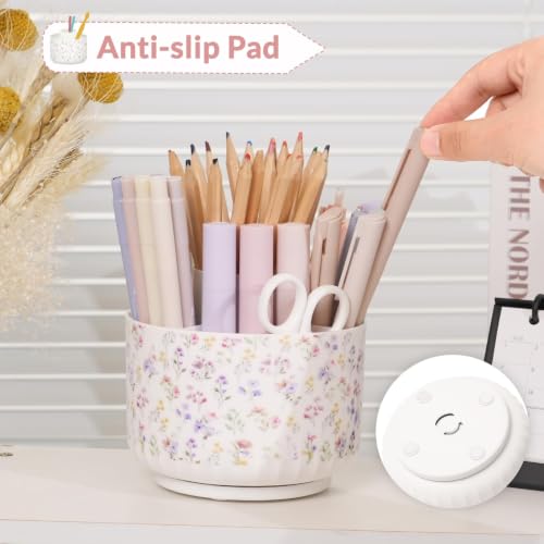 SKYDUE Rotating Pencil Pen Holder for Desk, Pencil Cup with 5 Slots - color: Floral