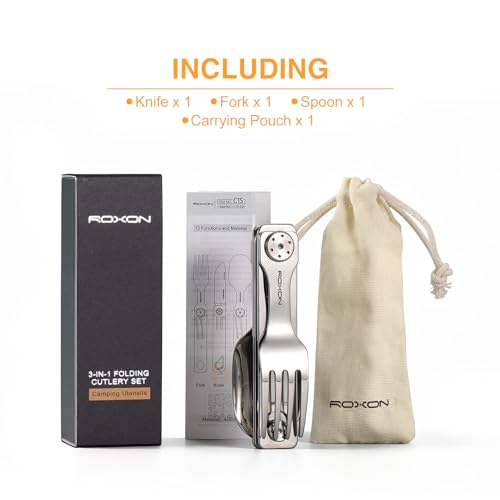 ROXON 3-in-1 Camping Utensils Set with Case (Knife, Spoon, Fork) Silver - color: Silver