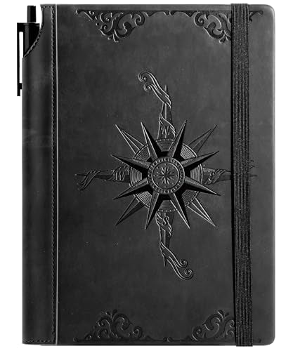 CAGIE Compass Leather Journal for Men Women, A5 Lined Notebook Writing Gift - color: Black