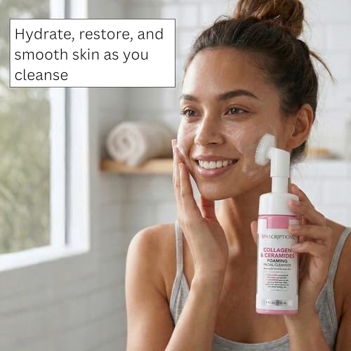 SpaScriptions 2 in 1 Cleanse & Exfoliate Foaming Facial Cleanser - Collagen & Ceramides Face Wash with Silicone Brush for Dry Skin with Barrier Support with Peptides for Daily Cleansing, 5 oz - size: 5 Fl Oz (Pack of 1)