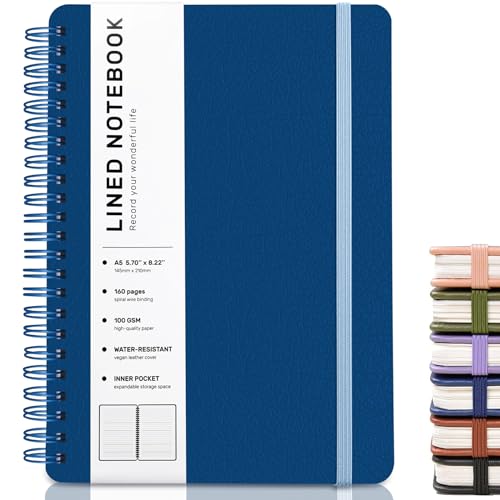 Lined Spiral Notebook for Women, A5 College Ruled Leather Spiral Journals - color: Blue, size: A5