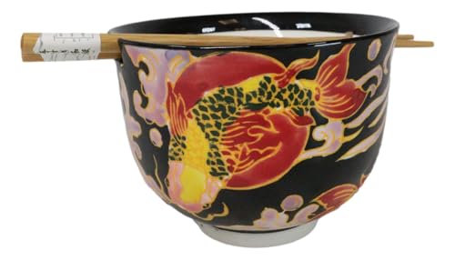 Ebros Gift Artistic Donburi Ramen Udon Noodles Soup Salad 5" D 18Oz Bowl With Bamboo Chopsticks And Built In Rest Set Asian Dining Kitchen Accent (Black Oriental Koi Fishes) - color: Black Oriental Koi Fishes
