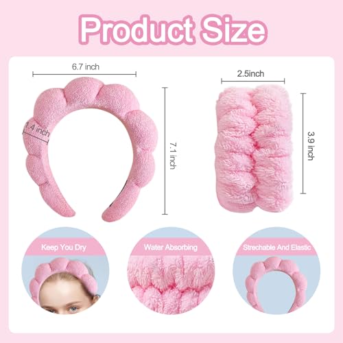 Beleki Spa Headband for Washing Face, Pink Sponge Face Wash Headband and Wristband Set for Makeup Skincare Headbands Puffy Non Slip Headwear Hair Accessories for Women Girls - color: Pink