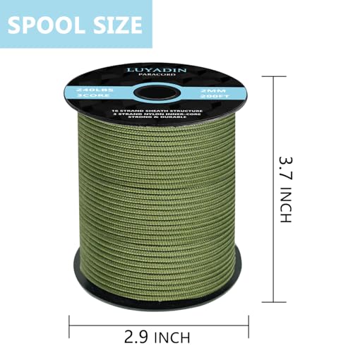 Paracord 240lb - Diameter 2mm Micro Utility Cord -3 Strand Parachute Spool Cord - 100ft 200ft,Paracord for Camping,Hiking,Fishing,Outdoor and DIY - color: Army Green, size: 200 ft