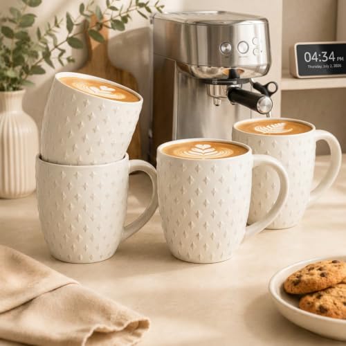 14 oz Ceramic Coffee Mugs Set of 4, White Stoneware Cups with Handle - color: Embossed-4PCS