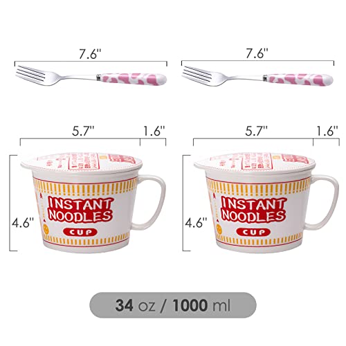 Ramen Bowls with Lid and Handle Cute Instant Ramen Noodle Bowl Anime Ceramic Large Noodle Bowl with Fork, Gift for Ramen Lovers (2PCS, Red) - color: 2PS-Red