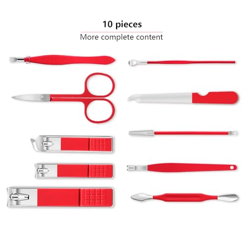 Manicure Set, Travel Mini Nail Clippers Kit Pedicure Care Tools, 10pcs Stainless Steel Grooming kit (Red) - color: Red