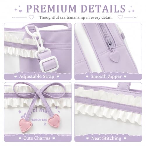 Kawaii Ita Bag with Ruffle Trim, Cute Color Block Crossbody Bag, Pin Display Shoulder Bag with Insert Y2k Style - color: Purple / Blue