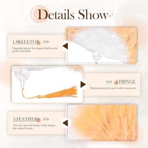 whitefeather Vintage Feather Hand Fan, 17.7 x 11.8 inches, Marabou Feathers, 1920s Style for Costume Parties, Tea Parties - color: Champagne