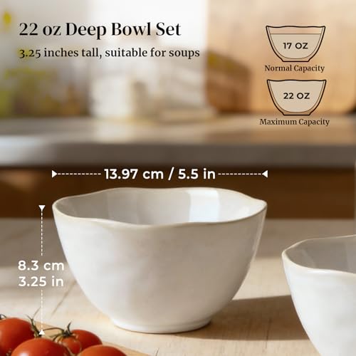 DOWAN 22 OZ Cereal Bowls, Deep Ceramic Bowls for Soup, Pho, Oatmeal, Salad, Ramen and Noodles, Microwave & Dishwasher Safe, 5.5" x 3.5"