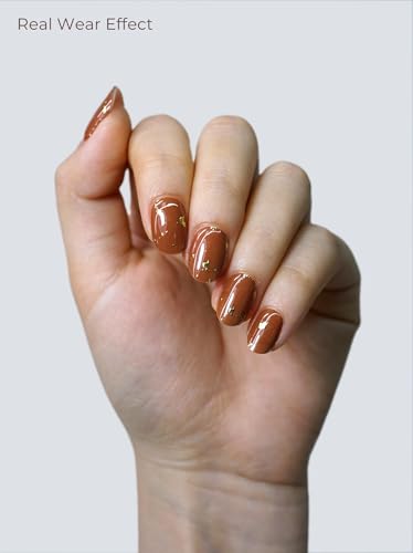 Real Gel Nail Strips (No UV Light Needed) - 44Pcs Salon Quality Nail Stickers - Long Lasting Polish Wraps for Women, Easy Apply & Remove (Brown Metallic) - color: Brown Metallic Flakes