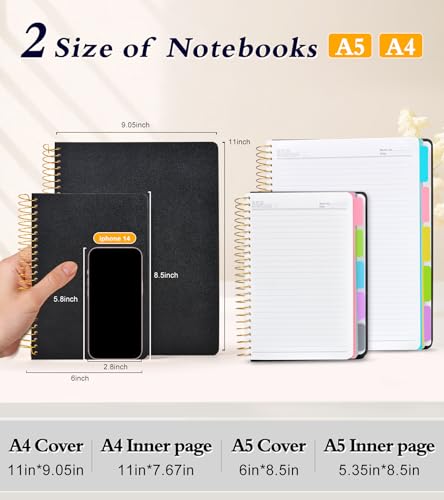 5 Subject Notebook College Ruled 240 Pages, A5(5.8"x8.3") Hardcover Spiral Notebook with Removable Pocket Dividers Tabs, Lined Spiral Journal Notebook for Women, Notebooks for Work School Note taking Black - color: Black, size: A5