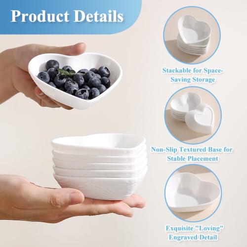 HOMQUEN Dipping Bowls, 3oz Soy Sauce Dish, Pturdy Plastic Small Bowls Set of 6, White Love Heart Mini Appetizer Plates for Sauce, Soy Sauce, Condiment, Side Dishes, Sushi, Ketchup, BBQ Party - color: White