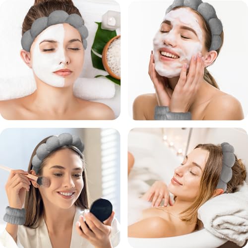 Spa Headbands for Washing Face Wristband Set Sponge Makeup Skincare Headband Wrist Towels Bubble Soft Terry Towel Cloth Hairband for Women Puffy Headwear Non Slip Thick Thin Hair Headwear (Dark gray) - color: Dark gray