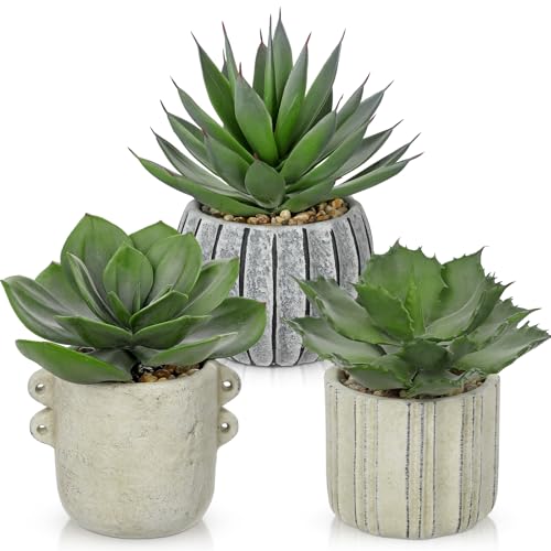 Briful 3 Pack Faux Succulent Plants in Vintage Cement Pots – Artificial Aloe Succulent Decor with Realistic Leaves and Pebble Base – Rustic Mini Plant Set for Home Office Bathroom Bookshelf - color: 3 Pack Succulent Aloe