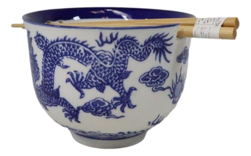 Ebros Gift Artistic Donburi Ramen Udon Noodles Soup Salad 5" D 18Oz Bowl With Bamboo Chopsticks And Built In Rest Set Asian Dining Kitchen Accent (Blue And White Oriental Ryu Dragon King) - color: Blue And White Oriental Ryu Dragon King