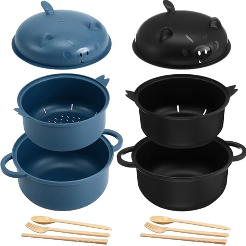 2 Sets 45oz Cute Pig Ramen Bowl Set Microwavable, Black, Dark Blue - color: Black,Dark Blue