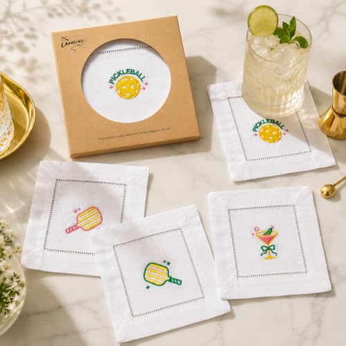 Embroidered Pickleball Cocktail Napkins Set of 4, Cotton White Cloth 6"x6" Reusable Mini Cloth Hemstitched Coasters Decorations for Birthday Pickle Ball Party Baby Shower