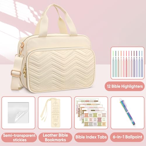 FINPAC Large Bible Cover Case for Women, Bible Bag Study Supplies Kit - color: Beige