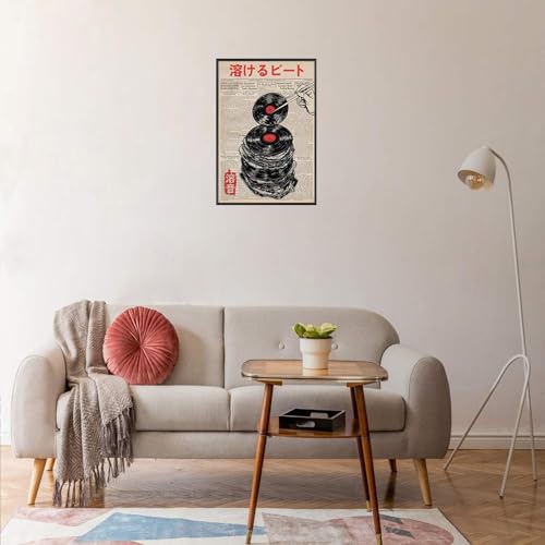 Vintage Vinyl Record Canvas Wall Art Funny Melting Beat Newspaper Poster Abstract Japanese Music Record Aesthetic Prints Painting For Home Bedroom Dorm Living Room Wall Decor 12x16in Framed - color: Multi 05 Framed, size: 12"L x 16"W