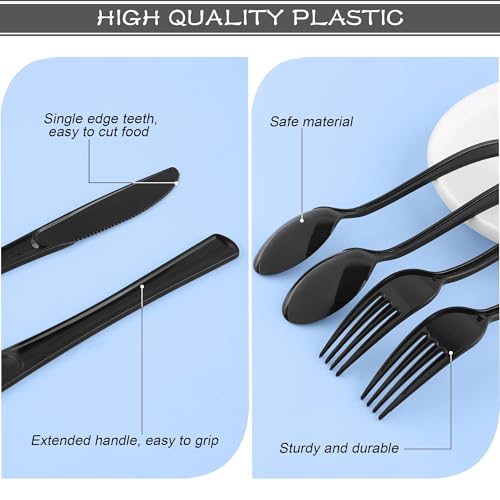 Kochorie 300 Pieces Black Plastic Silverware Heavy Duty Disposable Utensils - color: Black
