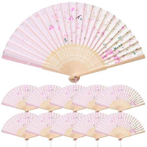 QIRMIZI 10 Pieces Handheld Fans, Silk Folding Fans, Floral Folding Fans for Birthday,Dancing, Cosplay, Weddings, Parties, and Events,Pink Blue - color: 07 Pink Blue