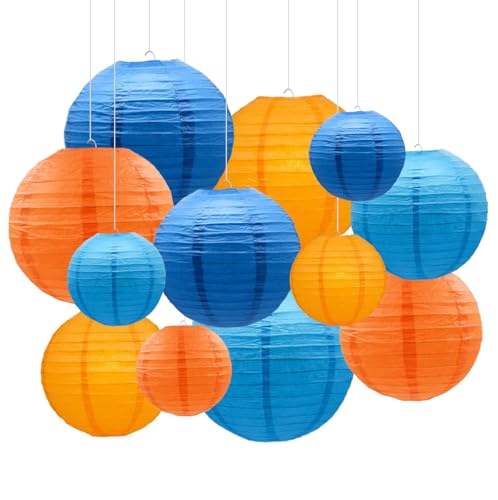 Blue Orange Paper Lanterns Decorative 12pcs Party Hanging Decorations for Party Birthday Bachelorette Wedding Birthday Baby Shower Graduation Anniversary Blue Orange Room Decor - color: navy blue,sky blue,orange,light orange