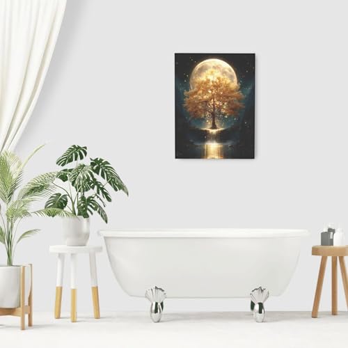 Golden Tree Wall Art Fantasy Tree with Moon and Waterfall Canvas Wall Decor Pictures Paintings Prints Mystical Nature Artwork Framed De corations For Meditation Space Bathroom Bedroom Living Room Office Gifts 12" x 16" - color: Golden Tree, size: 16"L x 1