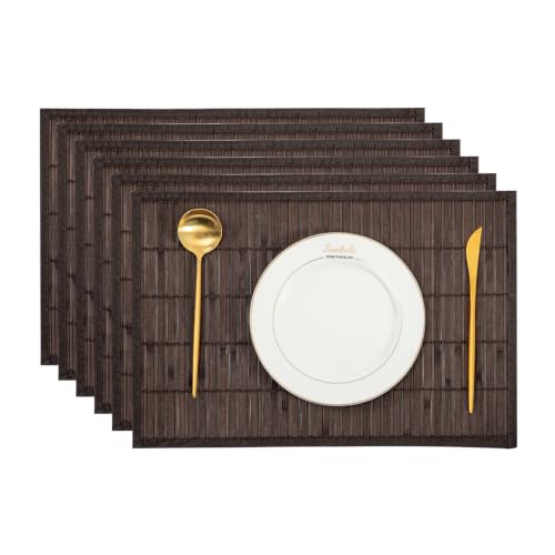 Bamboo Placemats Set of 6 with Fabric Border, Table Mats, Coffee - color: Coffee Color, size: Set of 6