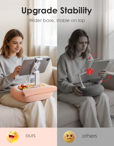 RIWUCT Tablet Pillow Stand for Bed, [Adjustable & Stable] Kindle Holder for 5-12.9" Phone/iPad/Tablet/E-Reader with 360° Rotating Clip & Snack Bowl, for iPad Stand Hands-Free Reading on Bed/Sofa, Pink - color: Pink