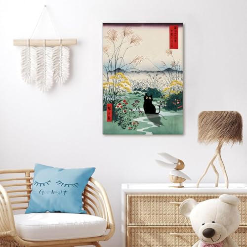 Framed Japanese Black Cat Canvas Wall Art Edo Period Mount Fuji Wall Decor Funny Cute Cat Animal Posters Pictures Japanese Ukiyoe Art Aesthetic Minimalism Painting Prints Bathroom Home Artwork