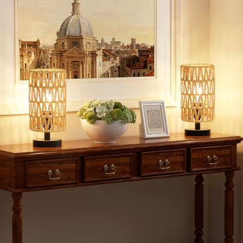 Table Lamps Set of 2 (Rattan Rope Shade - Black Base, 9" Inline Control) - color: Rattan Rope Shade - Black Base set of 2