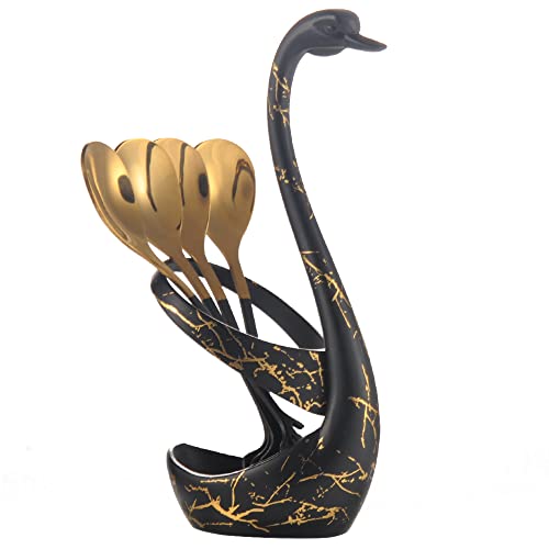 AnSaw Black Swan Base With 10-Pcs Mini Leaf Coffee Spoon Holder Set - 4.7" - color: Black & Gold Swan