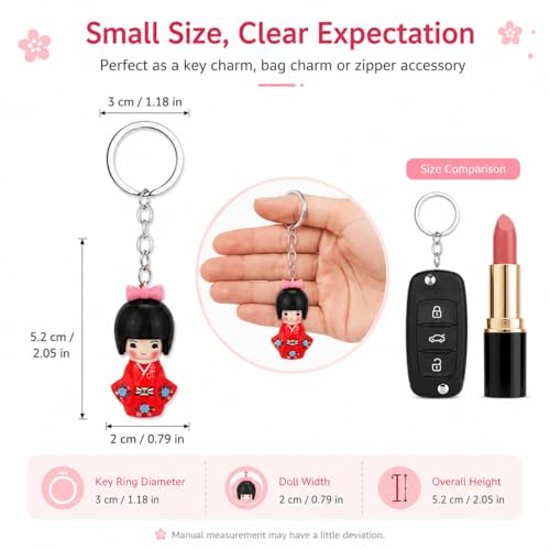 Gadpiparty 6pcs Traditional Japanese Kimono Kokeshi Doll Keychains Asian Geisha Figurine Ornament Bag Purse Charms DIY for Car Interior Hanging Decorations Random Color