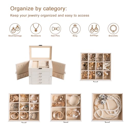 Frebeauty 5-Layer Jewelry Box for Women,Jewelry Organizer with 4 Drawers - color: Beige, size: Medium