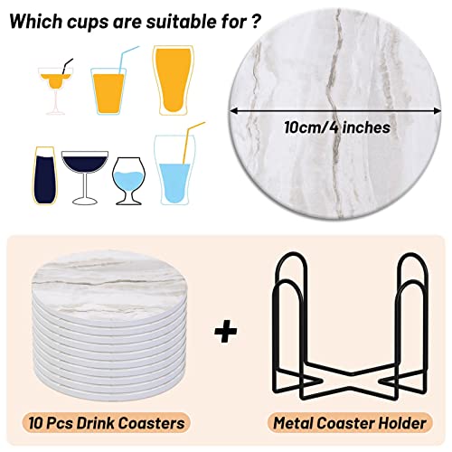 Caffox Coasters Set of 10, Absorbent Drink Coasters with Holder, Marble Style Ceramic Coaster for Wooden Table, Home Decor, 4 Inches(Griege)