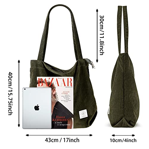 KALIDI Women Corduroy Tote Bag Zipper Casual Tote's Handbag Big Capacity Shoulder Bag with Pockets - color: Army Green