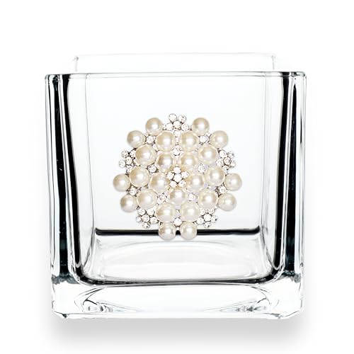 THE QUEENS' JEWELS Round Pearl Jeweled 4x4 Candle Holder Vase - Unique Gift for Women, Birthday, Cute, Fun, Cocktail, Queen, Not Painted, Decorated, Bling, Bedazzled, Rhinestone - color: Round Pearl