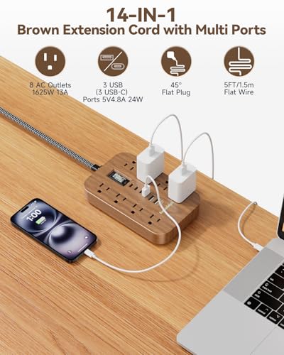 Walnut Power Strip with USB Ports - 5 FT - color: Brown, size: 5FT
