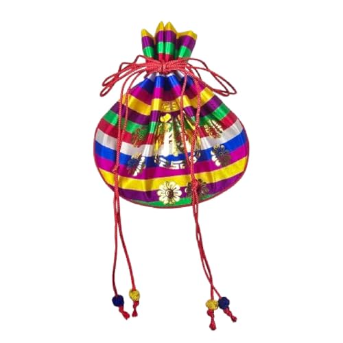 Korean Saekdong Bokjumeoni Pouch, Traditional Drawstring Lucky Bag with Gold Foil Pattern, Small Fabric Gift Pouch for Coins, Jewelry, and Keepsakes, Made in Korea