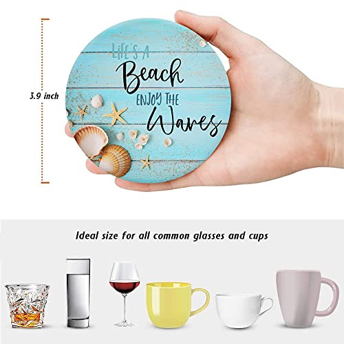 HUXJOKO Coasters for Drinks Set of 6,Seashells Starfish on Blue Wooden Absorbent Ceramic Coaster,Round Stone Mat,with Cork Base and Metal Holder for Coffee Table Room Bar Home Decor Housewarming Gifts - color: Seashells Starfish, size: Round