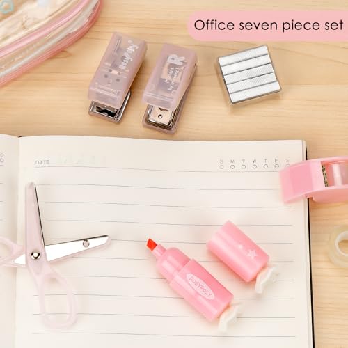 7-Pieces Clear Desk Organizer Set - with Stapler, Hole Punch, Tape Dispenser, Scissors & Highlighters, Transparent Office Supplies Kit for Home Office, School & Workspace - color: Pink