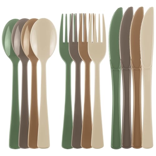 Kochorie 300 Pieces Woodland Plastic Silverware, Disposable Plastic Utensils, Heavy Duty Cutlery Set Heavyweight Flatware Includes Spoons Forks Knives for Birthday Wedding Forest Party Supplies - color: Woodland