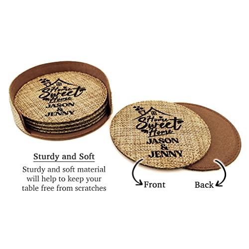 Smile Art Design Family Couple Names CUSTOM COASTER Set of 6 with base Round Burlap Material Family Name Home Sweet Home Print Personalized Gifts House warming Wedding Gift Rustic Home Decor Style11 - color: Style 11, size: Set of 6 - Round Coaster