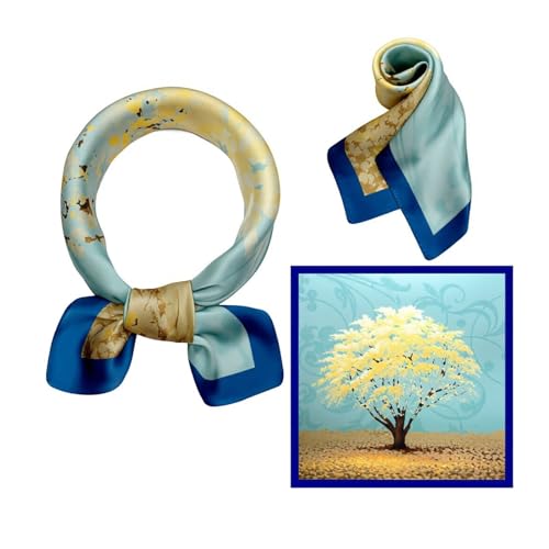 100% Pure Mulberry Silk Scarf women Scraf Small Square 21x21“ Lightweight Neckerchief horse print Dot Digital Red - color: 11#yellow Tree