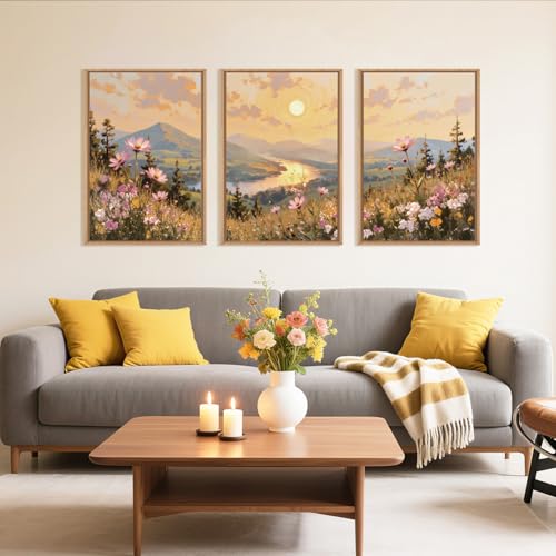 LHIUEM Large Boho Sunset Wildflower Framed Canvas Wall Art,Nature Pink Flower Wall Decor,Blossom Botanical Mountain Landscape Artwork for Living Room,Bedroom,Dining Room,Office -16"x24"x3 - color: Boho Sunset Wildflower Wall Art, size: 24"L x 16"W