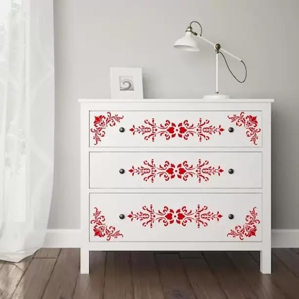 6Pcs White Wall Stencils for Painting, Vintage Floral Border Corner Stencil, Reusable Damask Paint Template for Wood Canvas Paper Fabric Floor DIY Art Craft